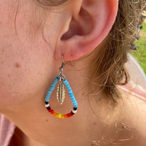 Boho style Beaded tear drop earrings with feather charm, stainless steel ear hooks. Gift bag included