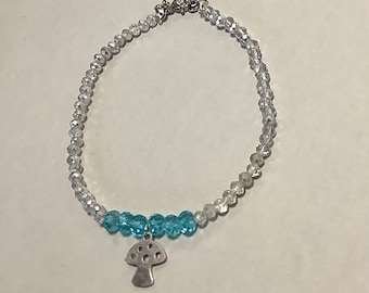 Beaded blue and silver anklet with stainless steel toadstool charm. Choose length Gift bag included