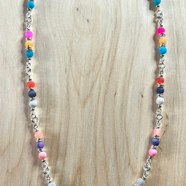 Agate linked necklace, multicolour agate beads and silver plated spacers and fixings. Gift bag and information card included