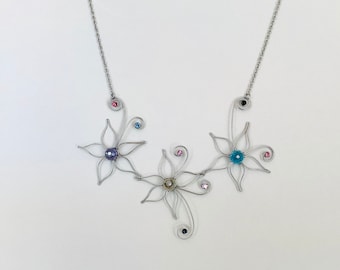 Flower necklace stainless steel wire work necklace, choose length. Gift bag included