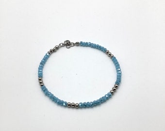 Blue glass and stainless steel beaded anklet. Choose length Gift bag included