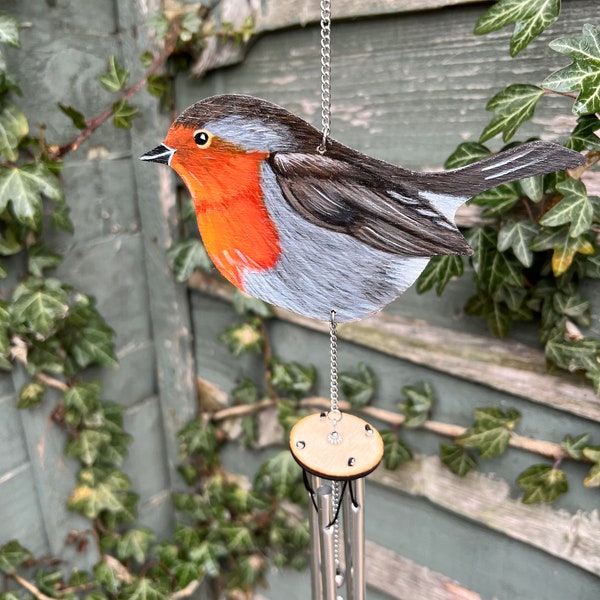 Robin wind chime, original art , laser cut hand painted wooden Robin, aluminium chimes for a gentle sound