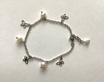 Fresh water pearl and butterfly charm bracelet. Stainless steel. Choose length Gift bag included