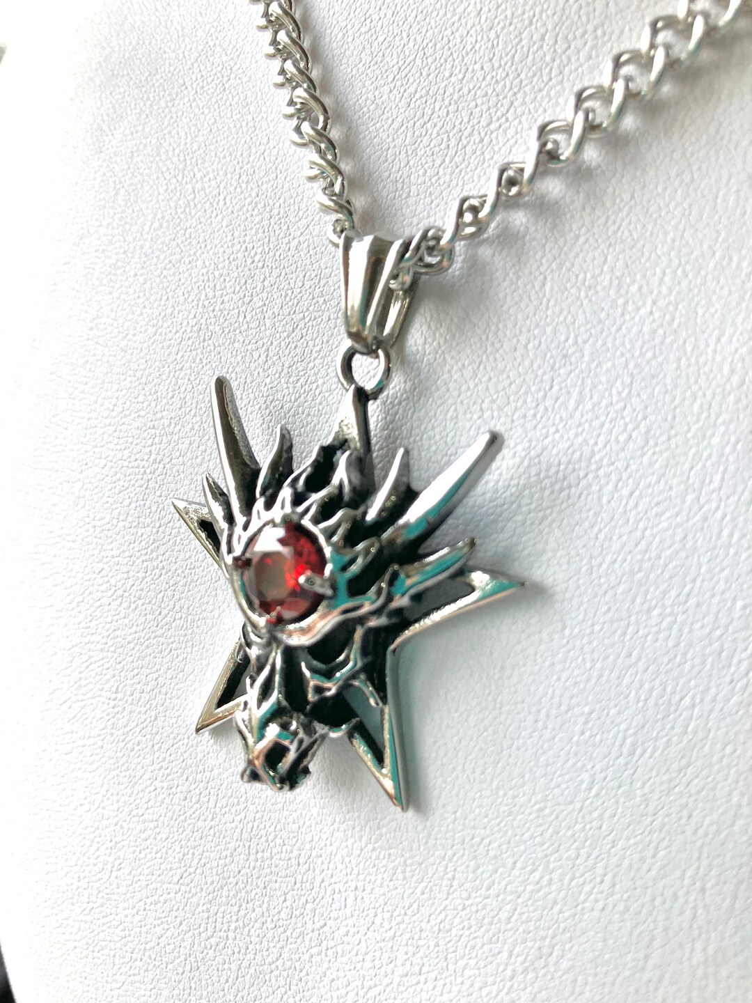 Stainless Steel Dragon Head and Pentagram Pendant. Black Leather or