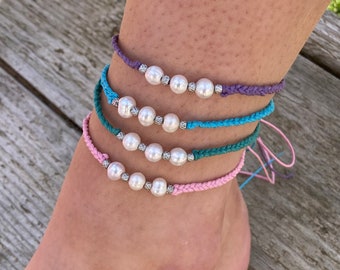 Freshwater pearl tie on anklet, plaited cotton. Women’s anklet,  summer anklet. Gift bag included.