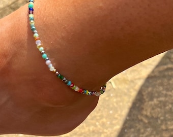 Beaded anklet with 2mm multicolour colour glass beads. Choose length . Gift bag included