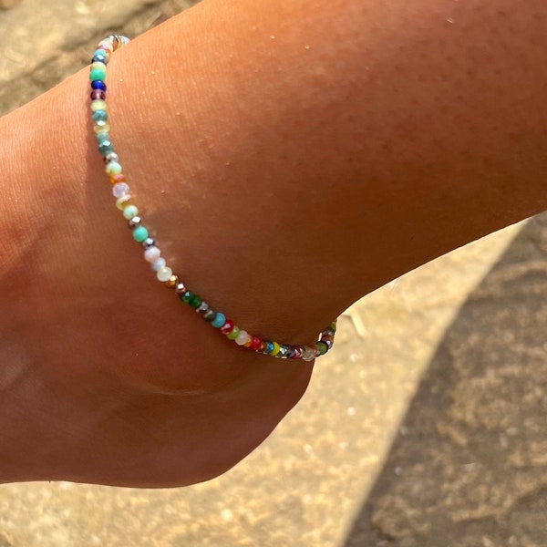 Beaded anklet with 2mm multicolour colour glass beads. Choose length . Gift bag included