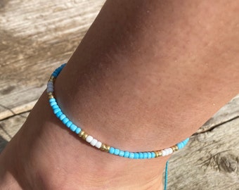 Glass bead tie on anklet. Woven cotton thread. Gift bag included