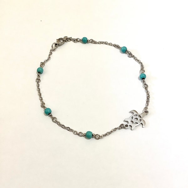 Stainless steel anklet with turtle connector and turquoise glass 3mm beads. Choose length,  Gift bag included