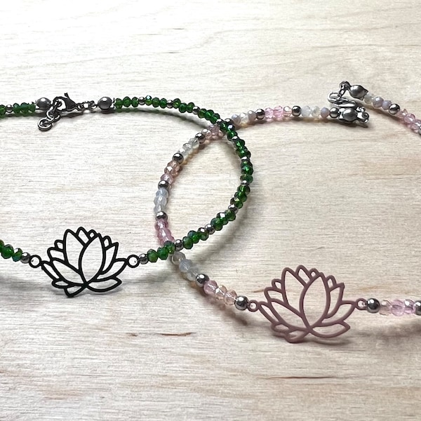 Bracelet de cheville en perles de fleur de lotus avec fermoir en acier inoxydable. Choisissez la longueur, sac cadeau inclus