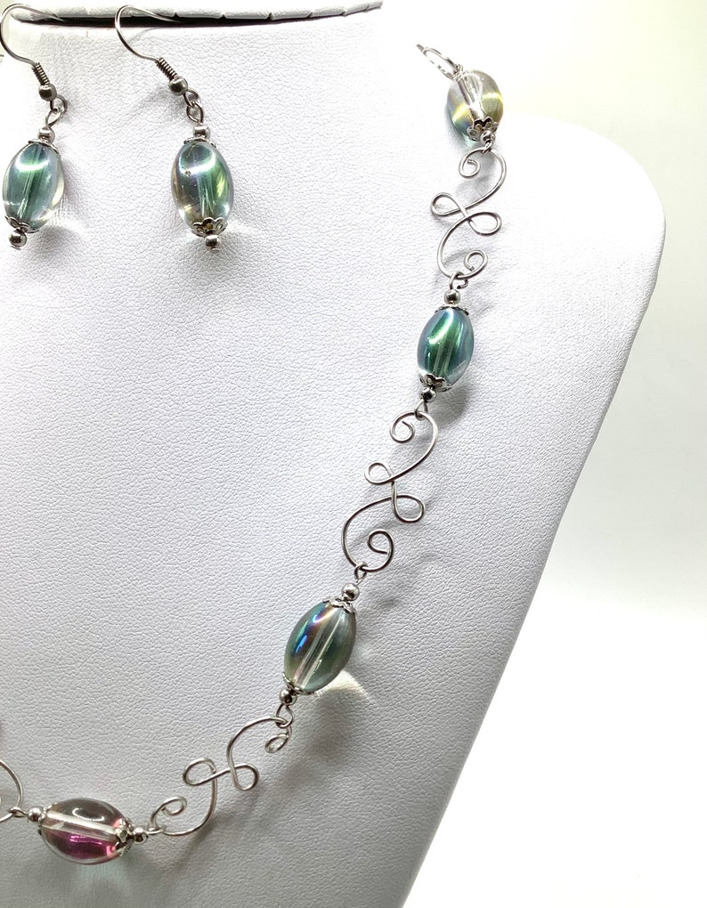 Wire work and bead necklace and earring set