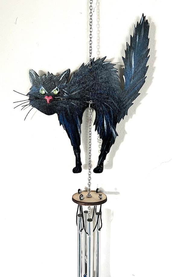 Hand Painted Halloween Black Cat Wind Chime: Original Art Wooden Cat