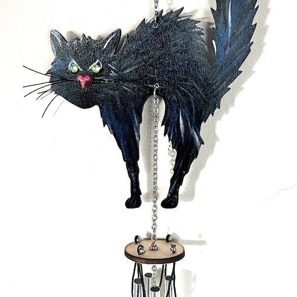 Halloween black cat wind chime, hand painted original art wooden cat, Aluminium chimes. Gift bag included