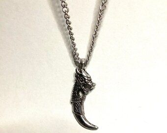 Stainless steel Chinese tiger and tooth pendant with a stainless steel chain or black leather. Choose length, gift bag included.