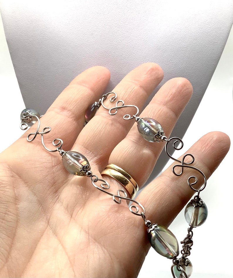 Wire work and bead necklace and earring set