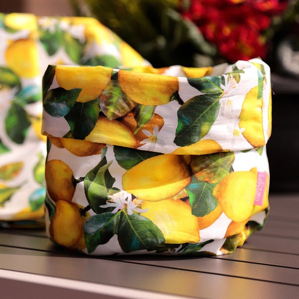 PADDES COTTON BASKET storage lemons , sunflowers, tropical, gift for mother's day, Easter, reversible, light weight cotton made in Italy