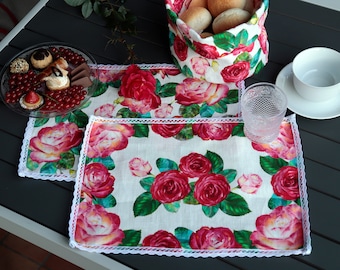 2 GARDEN ROSES' PLACEMATS gift idea for mother's day, Easter, spring table, pure linen 100% eco-friendly cotton crochet edge made in Italy