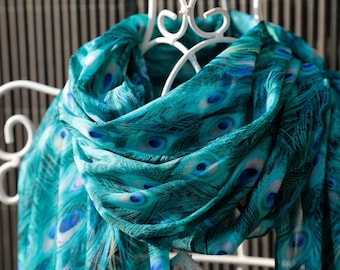 PEACOCK FEATHERS SCARF soft elastic tulle, four seasons accessories, gift idea for mother's, Easter, spring, made in Italy