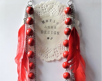Pendientes de plumas rojas y cuentas de madera de 25 cm de largo - clip disponible