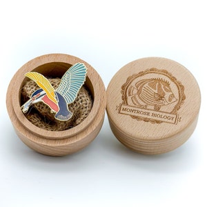 Pin de esmalte duro en forma de pájaro martín pescador con caja de regalo de madera y cierre de seguridad de lujo: regalo de pin de solapa premium inspirado en la naturaleza (1,5 pulgadas)