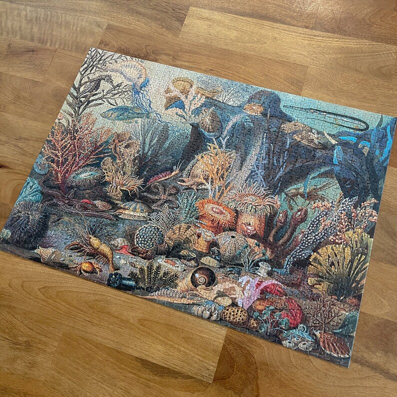 May include: A colorful jigsaw puzzle depicting an underwater scene with various sea creatures, coral, and shells. The puzzle features a variety of blues, greens, and browns, with a focus on the intricate details of the marine life.