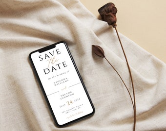 May include: A smartphone displaying a save the date announcement for the wedding of Savanna Williams and Trevor Johnson on 24 July 2024. The announcement is on a white background with black text and gold accents.