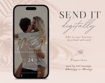 May include: A digital wedding invitation featuring a photograph of a couple kissing. The invitation has a minimalist design with a white background and a simple font. The text on the invitation reads "We Do", "Savanna and Trevor", "Friday, July 24, 2024", "4 O'Clock", and "www.savandtrev.com".