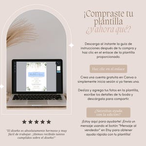 May include: A laptop displays a wedding invitation template with a blue and green floral design. The screen shows text and a date, with instructions and a call to action on the right. The background is a soft beige.