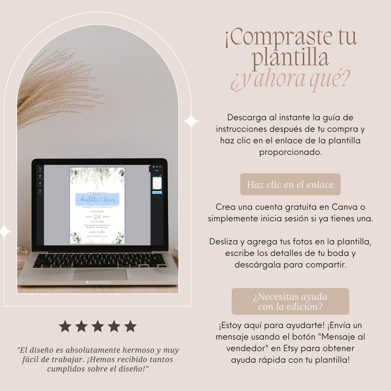 May include: A laptop displays a wedding invitation template with a blue and green floral design. The screen shows text and a date, with instructions and a call to action on the right. The background is a soft beige.