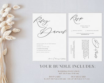 May include: A wedding invitation suite featuring a main invitation, RSVP card, and details card. The invitation is 5x7 inches (12.7 cm x 17.8 cm), with elegant script font. The RSVP card is 5 x 3.5 inches (12.7 cm x 8.9 cm), and the details card is 3.5 x 5 inches (8.9 cm x 12.7 cm).