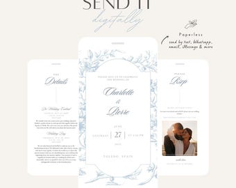 Dusty Blue Chinoiserie Wedding Invitation: Elegant Digital Invite