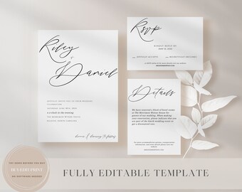 May include: A set of wedding stationery with a minimalist design. The invitation, RSVP, and details cards feature elegant script fonts and a clean, white background. The text includes the names "Riley & Daniel".