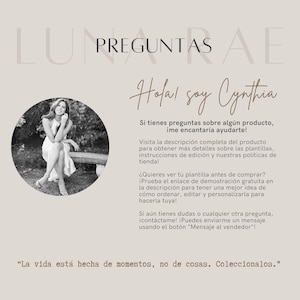 May include: A promotional graphic with the text "LUNA RAE PREGUNTAS AE" and "Hola! soy Cynthia". It includes a black and white photo of a woman and text in Spanish offering assistance with product questions and a quote: "La vida est&aacute; hecha de momentos, no de cosas. Coleccionalos."