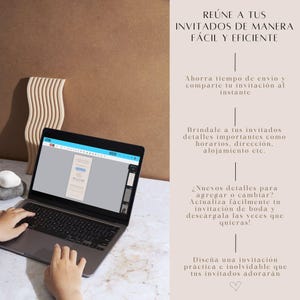 May include: A laptop displaying a wedding invitation design. The screen shows a template with text fields. The image also includes text in Spanish, promoting easy and efficient invitation creation.