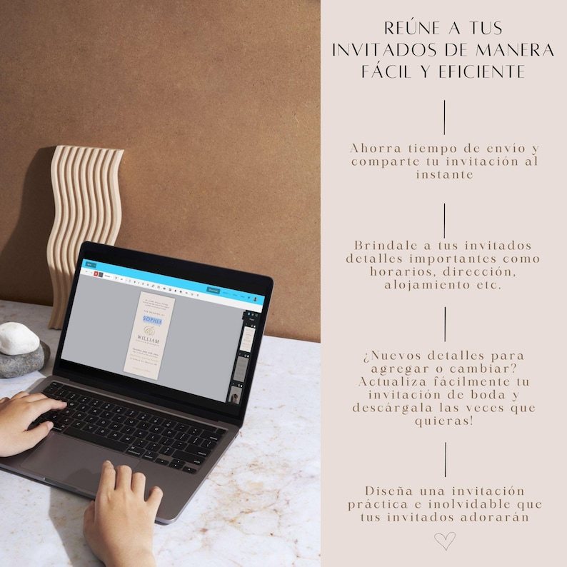 May include: A laptop displaying a wedding invitation design. The screen shows a template with text fields. The image also includes text in Spanish, promoting easy and efficient invitation creation.
