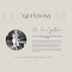 May include: A black and white photo of a woman sitting on a bench. The text "LUNQUESTIONS AE" is at the top of the image. The text "Hi, I'm Cynthia!" is in a handwritten font. The text "If you have questions about a listing I'd love to help:" is below the handwritten text. The text "Check out the full product description for more details on templates, editing instructions and our shop policies." is below the previous text. The text "Want to see your template in action? Try to the free demo link in the description for a better idea on how to order, edit, and personalize it to make it your own." is below the previous text. The text "If you're still unsure or have any other questions, get in touch! You can send me a message using the "Message Seller" button!" is below the previous text. The text "The little things? The little moments? They aren't little." is below the previous text. The text "Jon Kabat-Zinn" is below the previous text.