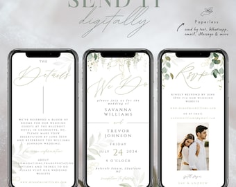 Electronic Wedding Invitation, Eucalyptus Wedding Invitation Template, Greenery Wedding Evite, Virtual Wedding Invitation with RSVP, Digital