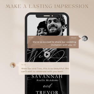 May include: A black and white photo of a couple on a smartphone screen. The text "We're so excited to share our wedding invitation with you <3" is displayed on the screen. The text "SAVANNAH and TREVOR" is also displayed on the screen.