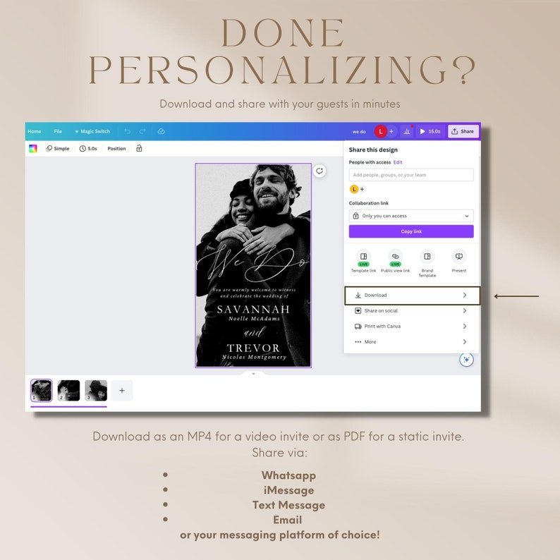 May include: A black and white wedding invitation with a photo of a couple embracing. The text reads "We Do" and "You are warmly welcomed to witness and celebrate the wedding of Savannah Noelle McAdams and Trevor Nicolas Montgomery".