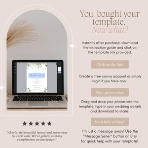 May include: A laptop screen displays a wedding invitation template with a watercolor floral design. The text on the invitation reads "daylilli & kevin" and "24". The image is accompanied by instructions on how to personalize the template, including creating a Canva account, adding photos, and downloading the finished product. The text "Absolutely beautiful layout and super easy to work with. We've gotten so many compliments on the design!" is displayed below the laptop image.
