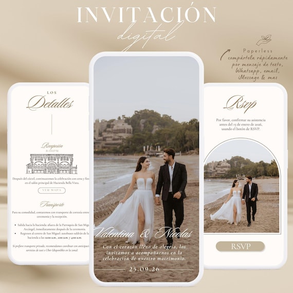 Invitaciones de boda digital, Invitacion de boda en espanol, descarga digital, PDF, invitacion digital para boda con pagina de detalles