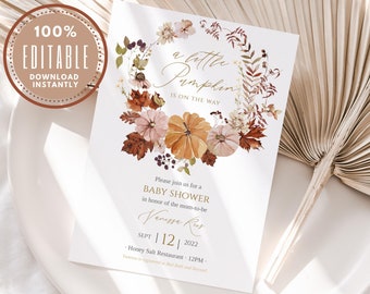 A Little Pumpkin Baby Shower Invite, Fall Baby Shower Invitation Template, Floral Rust and Gold Baby Shower Invitation, Autumn Leaf Invite