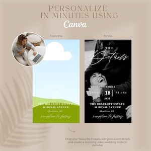 May include: A wedding invitation template with a black and white photo of a couple laughing. The text "THE Details" is written in a script font. The date and time of the wedding are listed as "SUNDAY | SEPTEMBER 18 | 2023 | AT 4 PM". The venue is listed as "THE BELCROFT ESTATE 88 ROYAL AVENUE Charlotte, NC". The text "reception to follow" is also included.