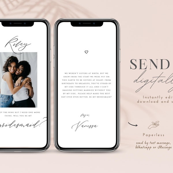 Electronic Bridesmaid Proposal Card, Digital Will You Be My Bridesmaid Card, Minimalist Template, iPhone Bridesmaid Card with Photo