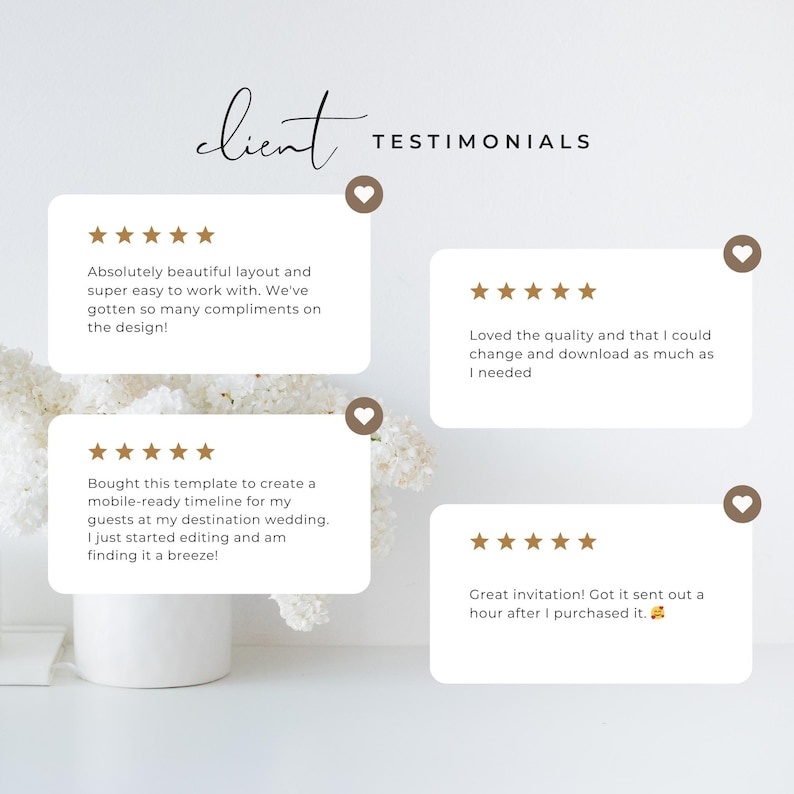 May include: Four customer testimonials with five-star ratings and positive reviews about a digital product. The reviews highlight the ease of use, quality, and value of the product.