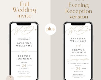 May include: Two smartphone screens displaying wedding invitation designs. The left screen shows a full wedding invite with the text "We Do", names, date, time, and location. The right screen shows an evening reception version with similar details.