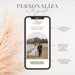May include: A smartphone displays a wedding RSVP invitation with a photo of a couple on a beach. The screen features the word "RSVP" and instructions. Text on the screen says "Personalize to your liking". Additional text describes customization options.