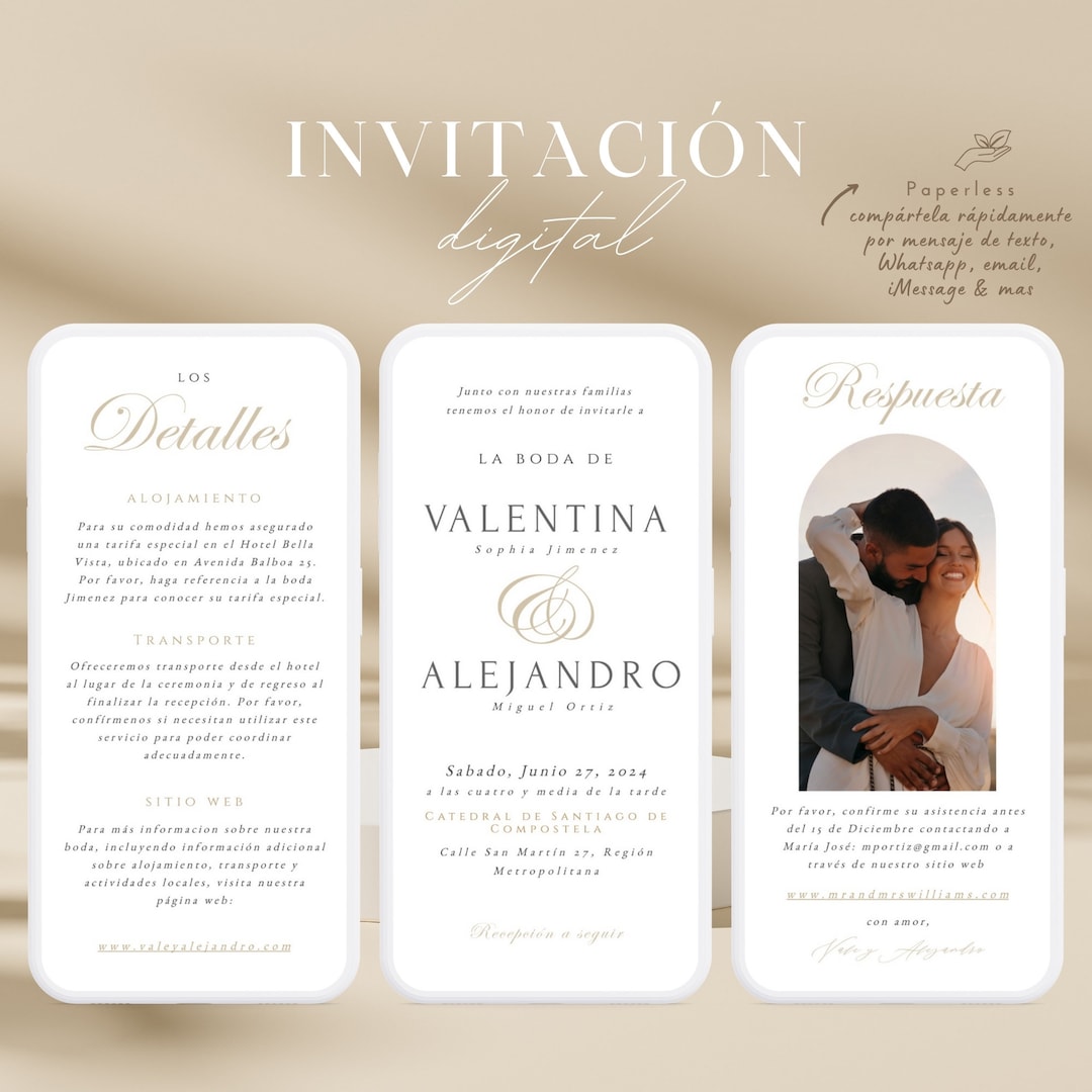 Invitaciones de boda digital, Invitacion de boda en español, descarga  digital, PDF, invitacion digital para boda con pagina de detalles - Etsy  México, image size:1080x1080