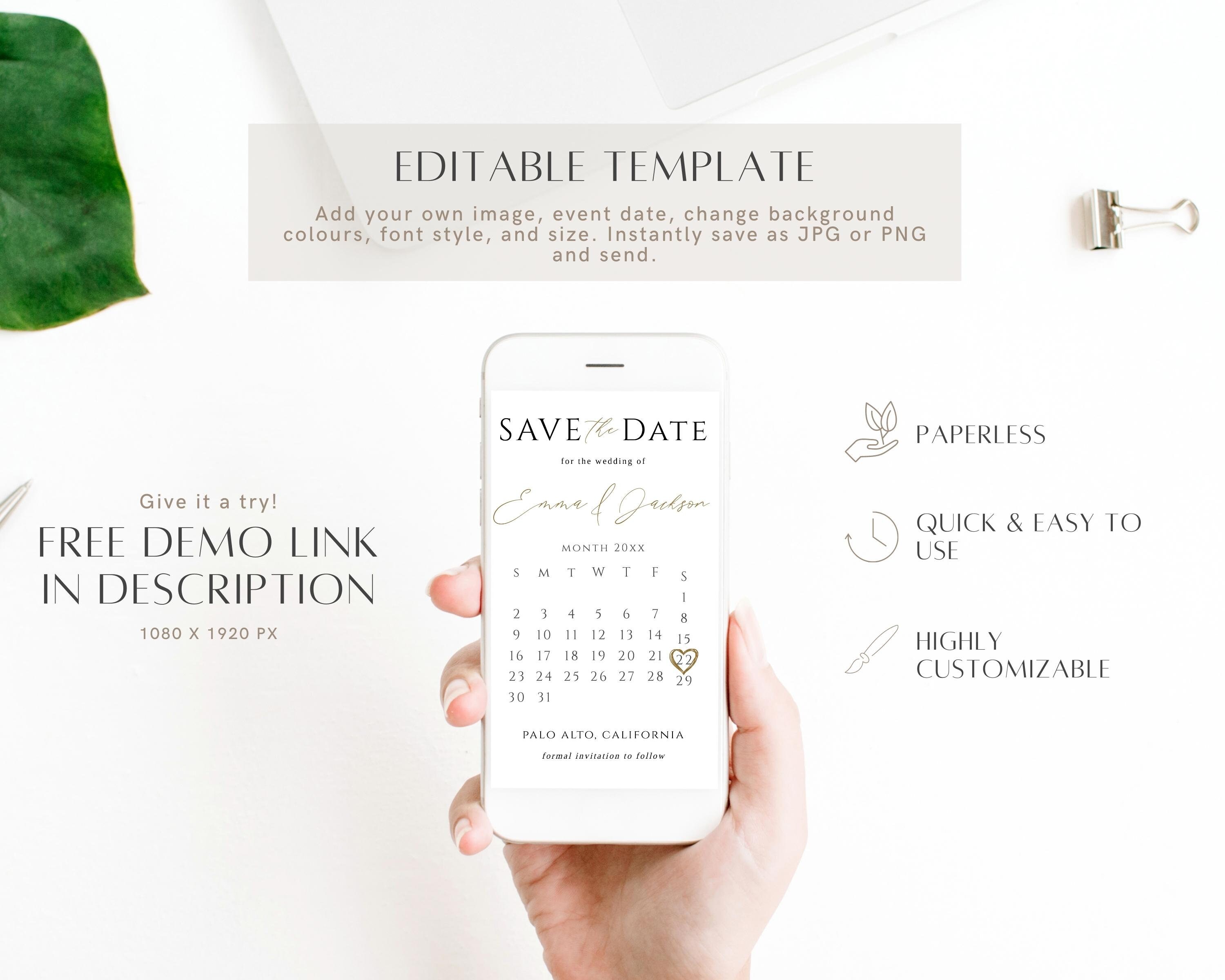 Calendar Save the Date Editable Template, Picture Save the Date Evite