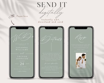 Invitación de boda verde salvia: minimalista digital Evite (RSVP)